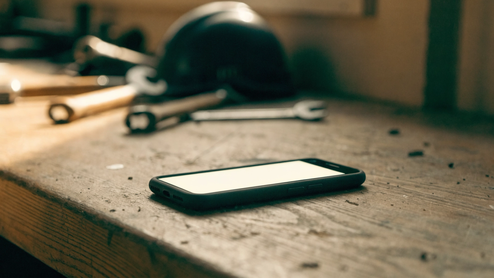 A tradesperson's smartphone resting face-up and glowing on a timber workbench beside hand tools