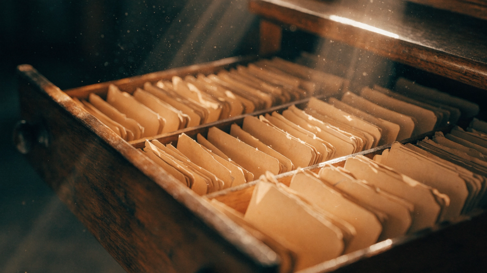 An open filing drawer of warm-lit paper cards catching a shaft of light