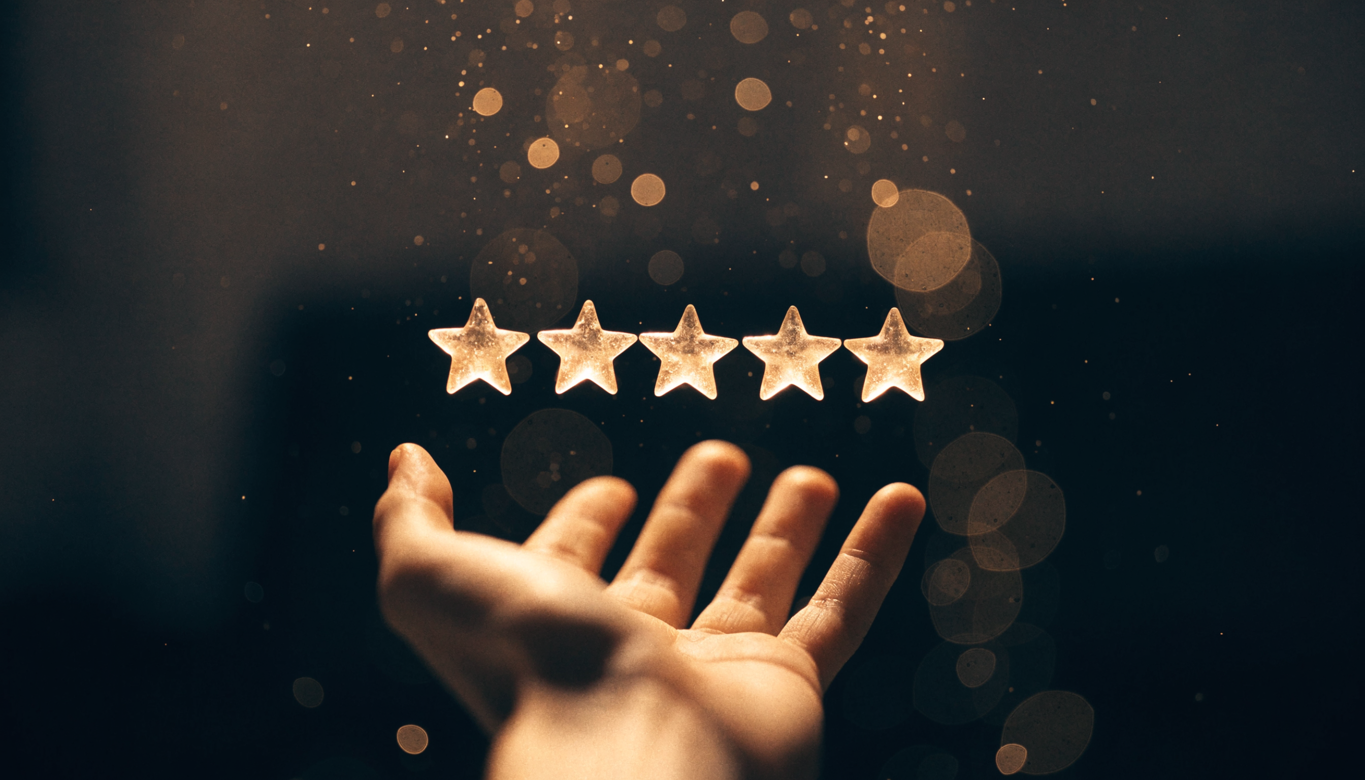 Five glowing gold stars rising from an open hand against a deep emerald background