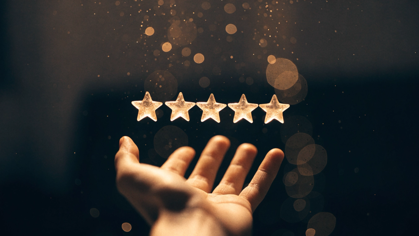 Five glowing gold stars rising from an open hand against a deep emerald background