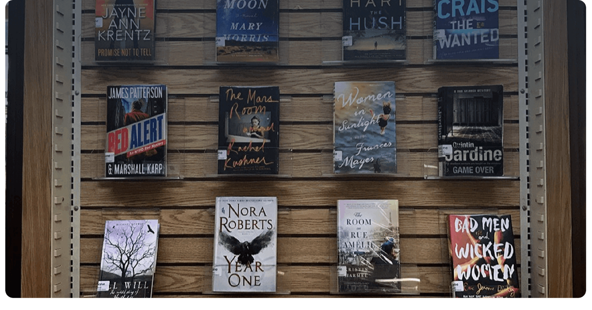 Books on display shelves at Oakville Public Library