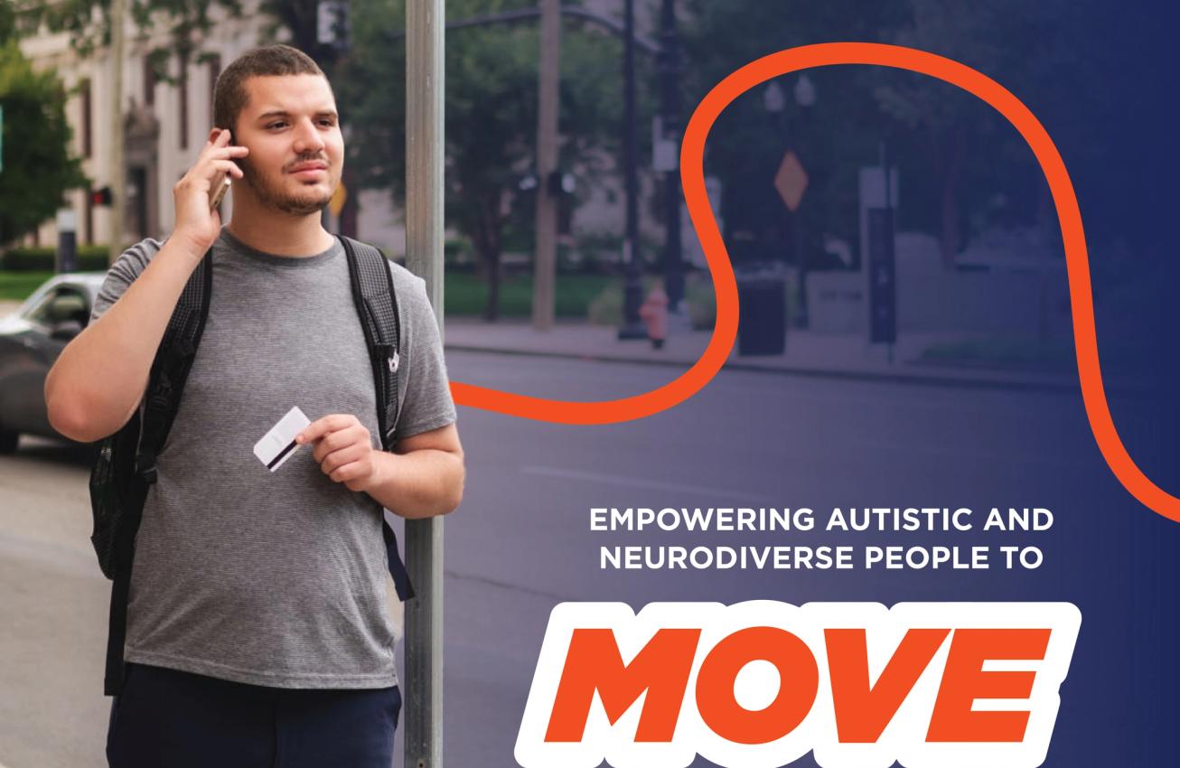 A COTA and Bridgeway poster, "Empowering autistic and neurodiverse people to move independently with COTA", beside a rider on the phone at a bus stop