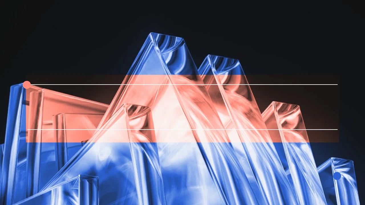 結晶プリズムの写真をブランド配色のOKLCHグラデーションマップで加工し、中央の水平帯だけ暖色に切り替えたカバービジュアル(研究の光から一筋を切り出して通す帯=一文にするDefine工程の象徴)