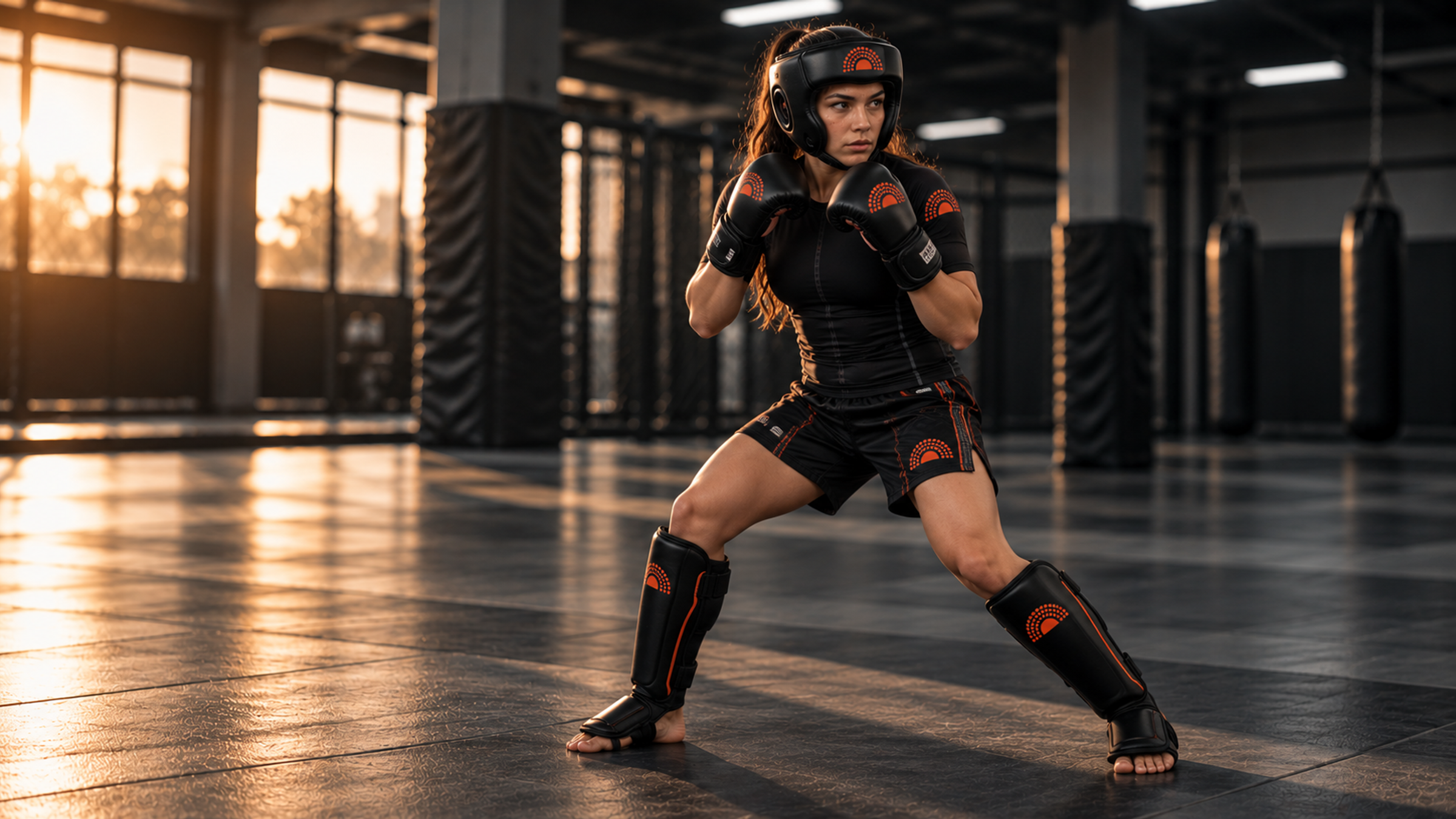 Fighter in a Sunset-Lit MMA Gym
