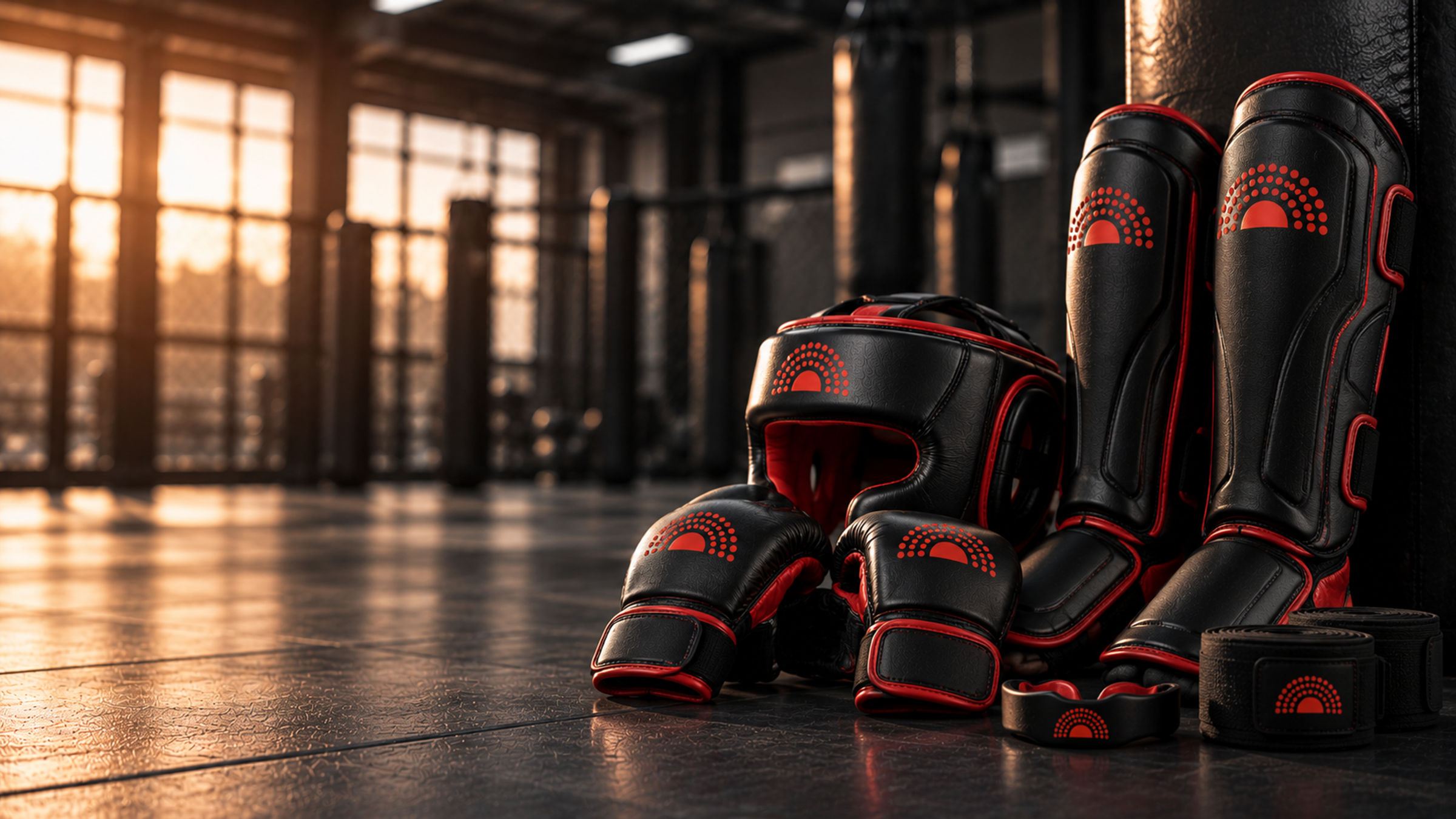 Black and Red Combat Gear in Sunlit Gym