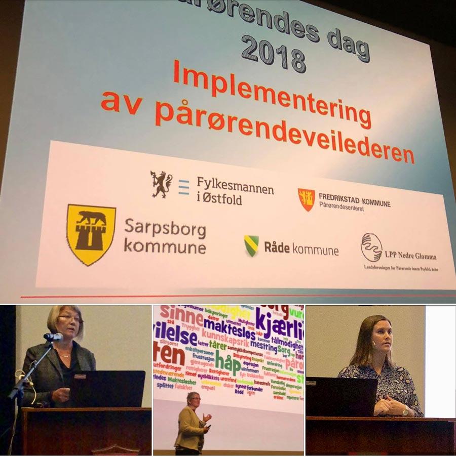 En kollasje av bilder av personer som hoder foredrag på pårørendedagen. Viser Anita som presenterer en ordsky med stikkord fra pårørendeundersøkelsen og en slide med tittelen "Impkementering av pårørendeveilederen. 