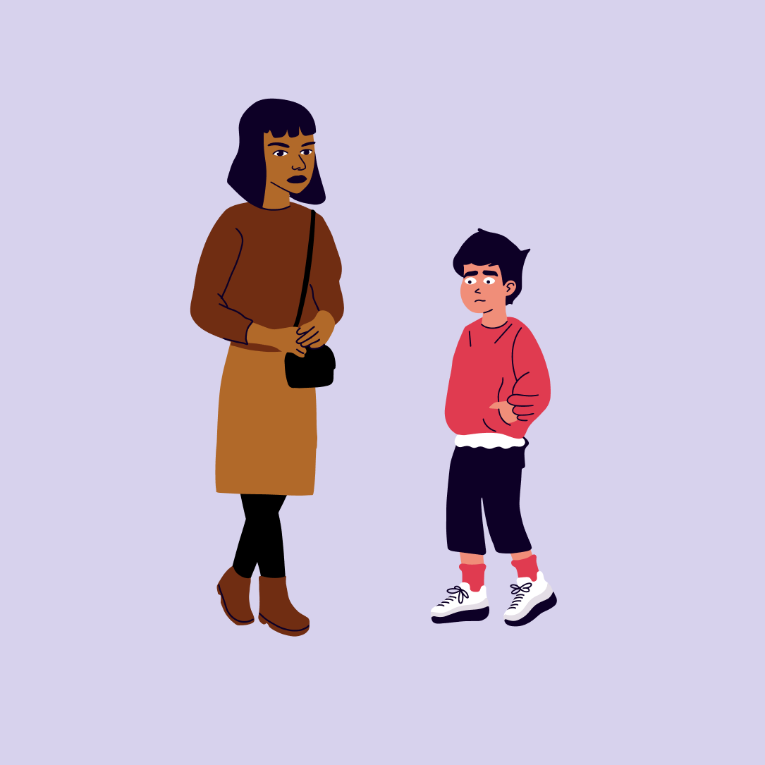 a woman and a boy are standing next to each other on a purple background