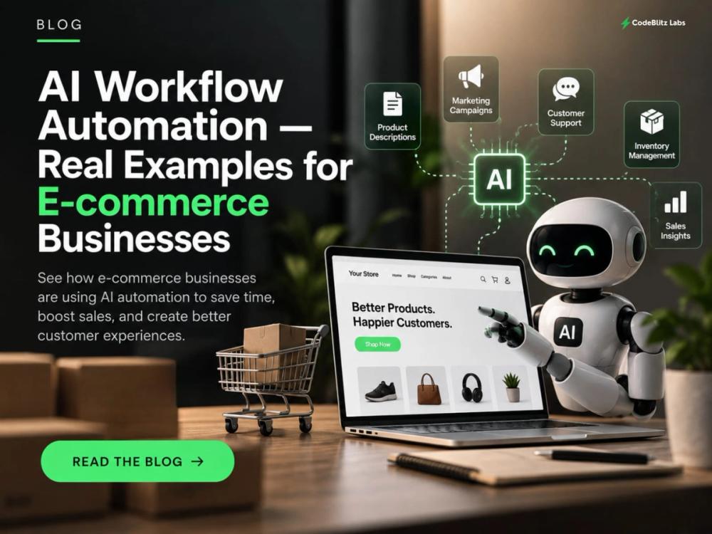 AI workflow automation for e-commerce businesses, featuring an AI assistant, online store, shopping cart, and automated product, marketing, customer support, inventory, and sales workflows.