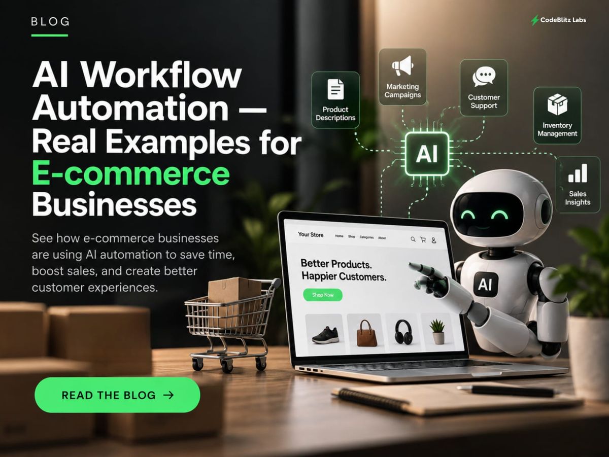 AI workflow automation for e-commerce businesses, featuring an AI assistant, online store, shopping cart, and automated product, marketing, customer support, inventory, and sales workflows.