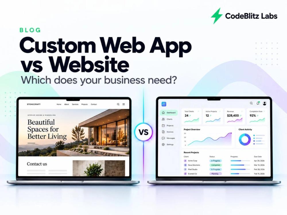 Comparison of a business website and a custom web application dashboard on a laptop, showing the difference between marketing pages and interactive tools.
