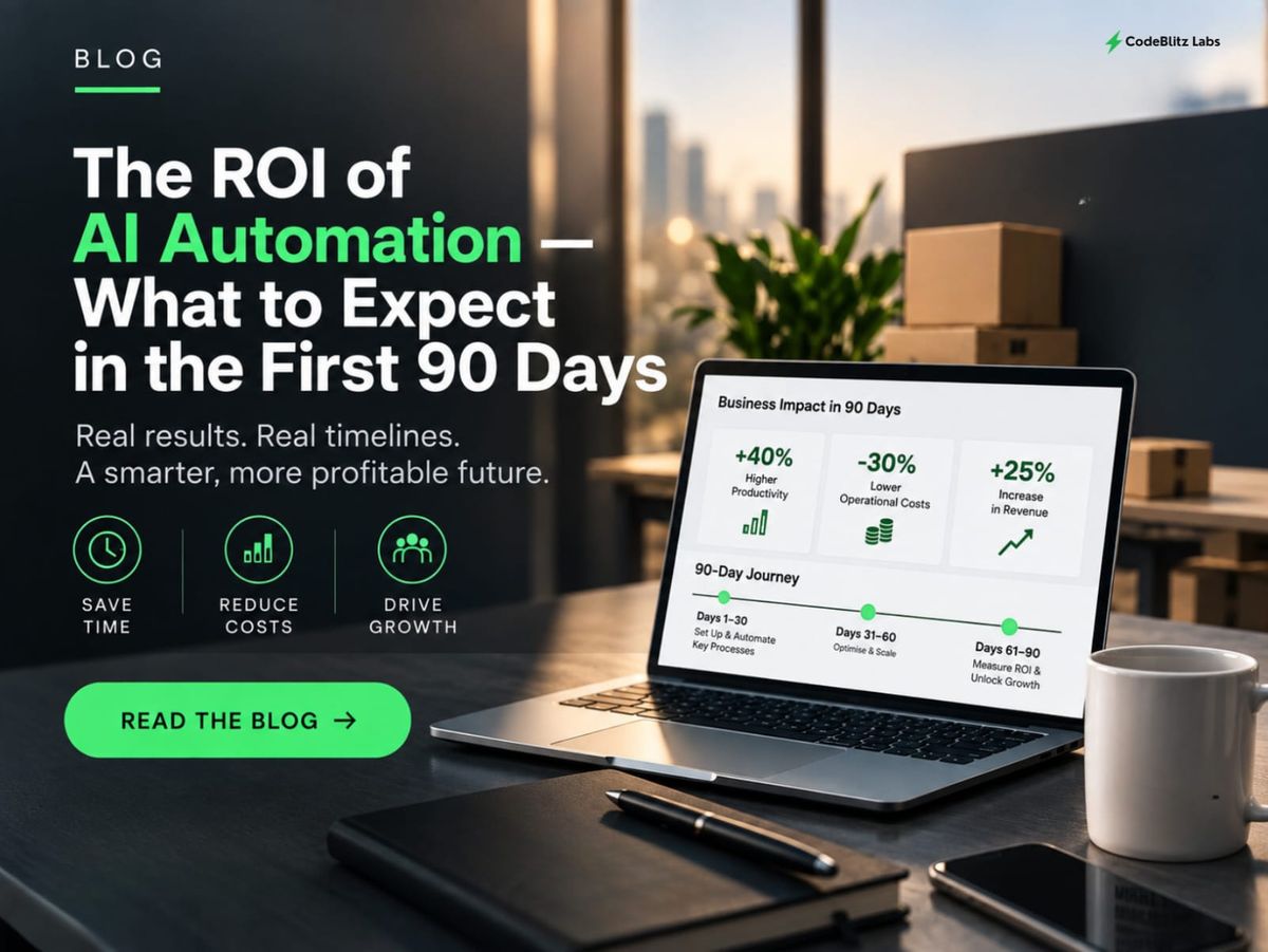 ROI of AI automation in the first 90 days, showing a business laptop dashboard with productivity gains, lower operating costs, revenue growth, and a 90-day automation roadmap