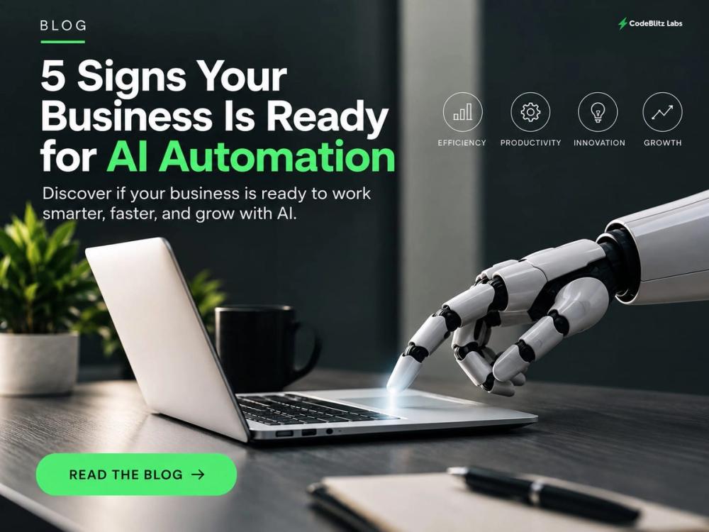 5 signs your business is ready for AI automation, featuring a modern AI robot, laptop, and business productivity and efficiency concepts.