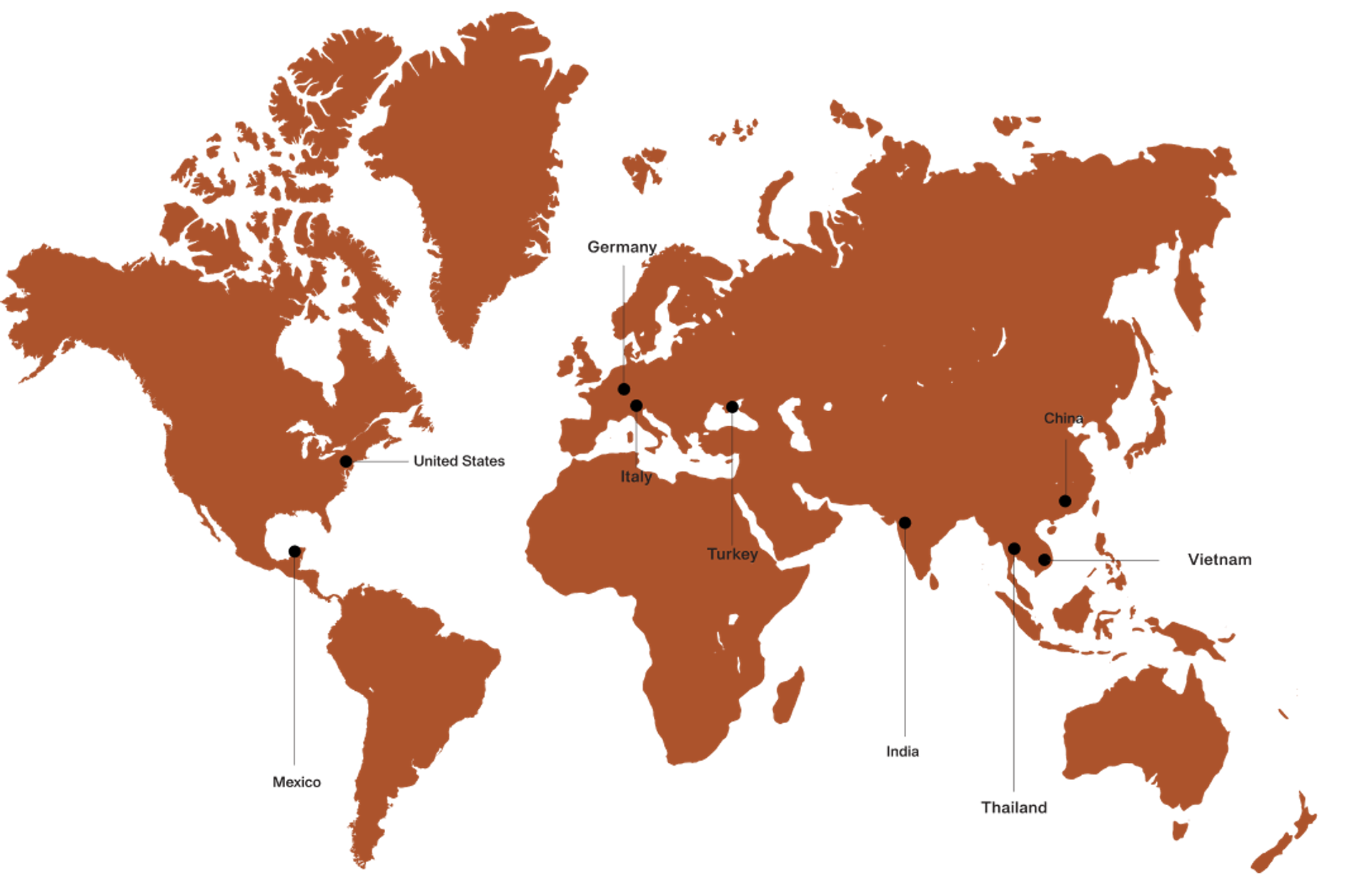 World Map showing supplier locations labelled on map in Germany, Italy, Turkey, India, Thailand, China and Vietnam