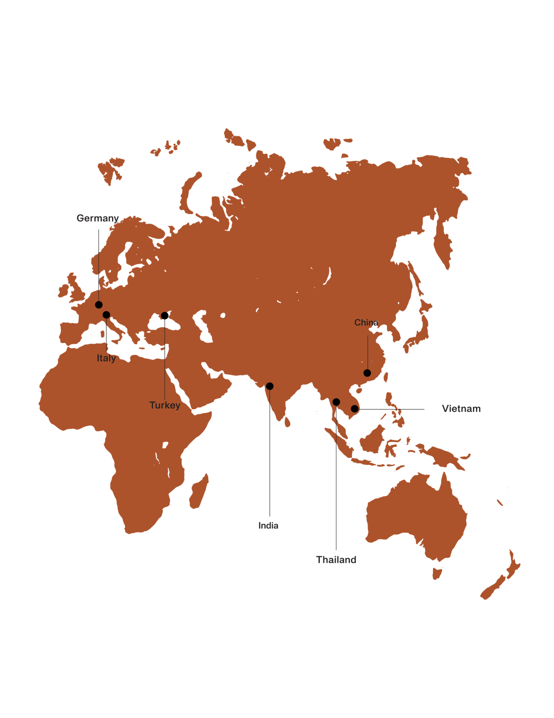 World Map showing supplier locations labelled on map in Germany, Italy, Turkey, India, Thailand, China and Vietnam