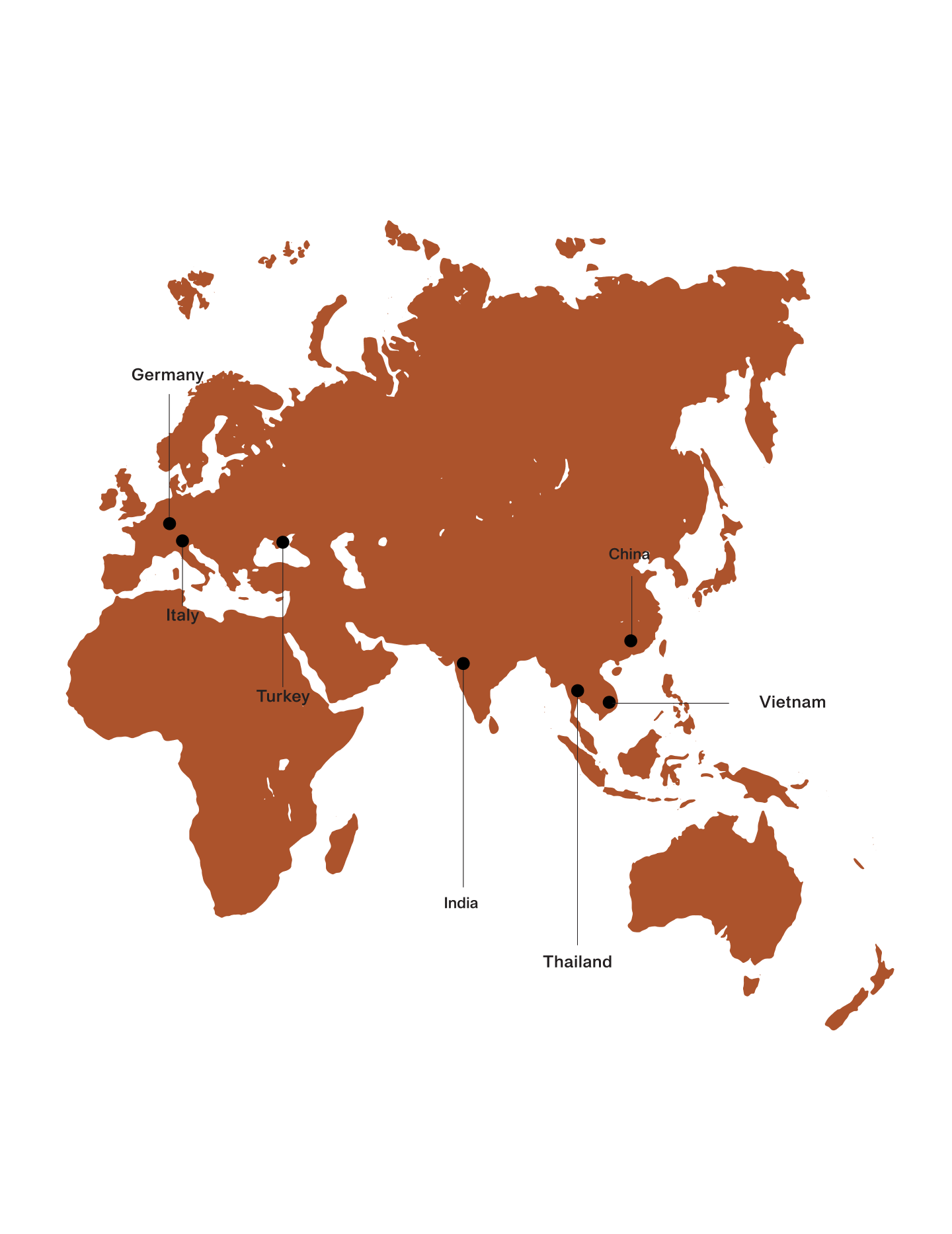 World Map showing supplier locations labelled on map in Germany, Italy, Turkey, India, Thailand, China and Vietnam