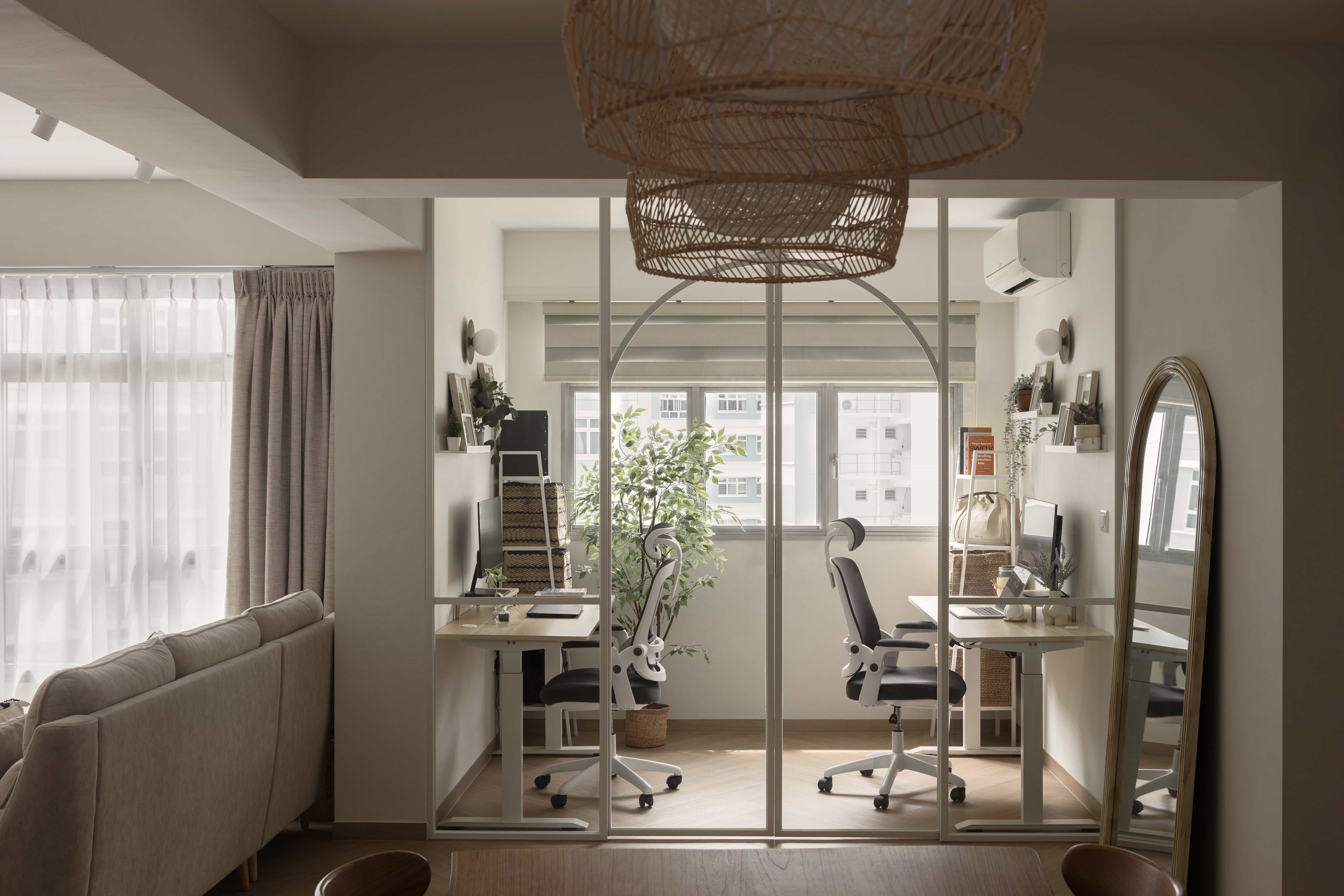 Stylish home office setup with ergonomic furniture and natural lighting.