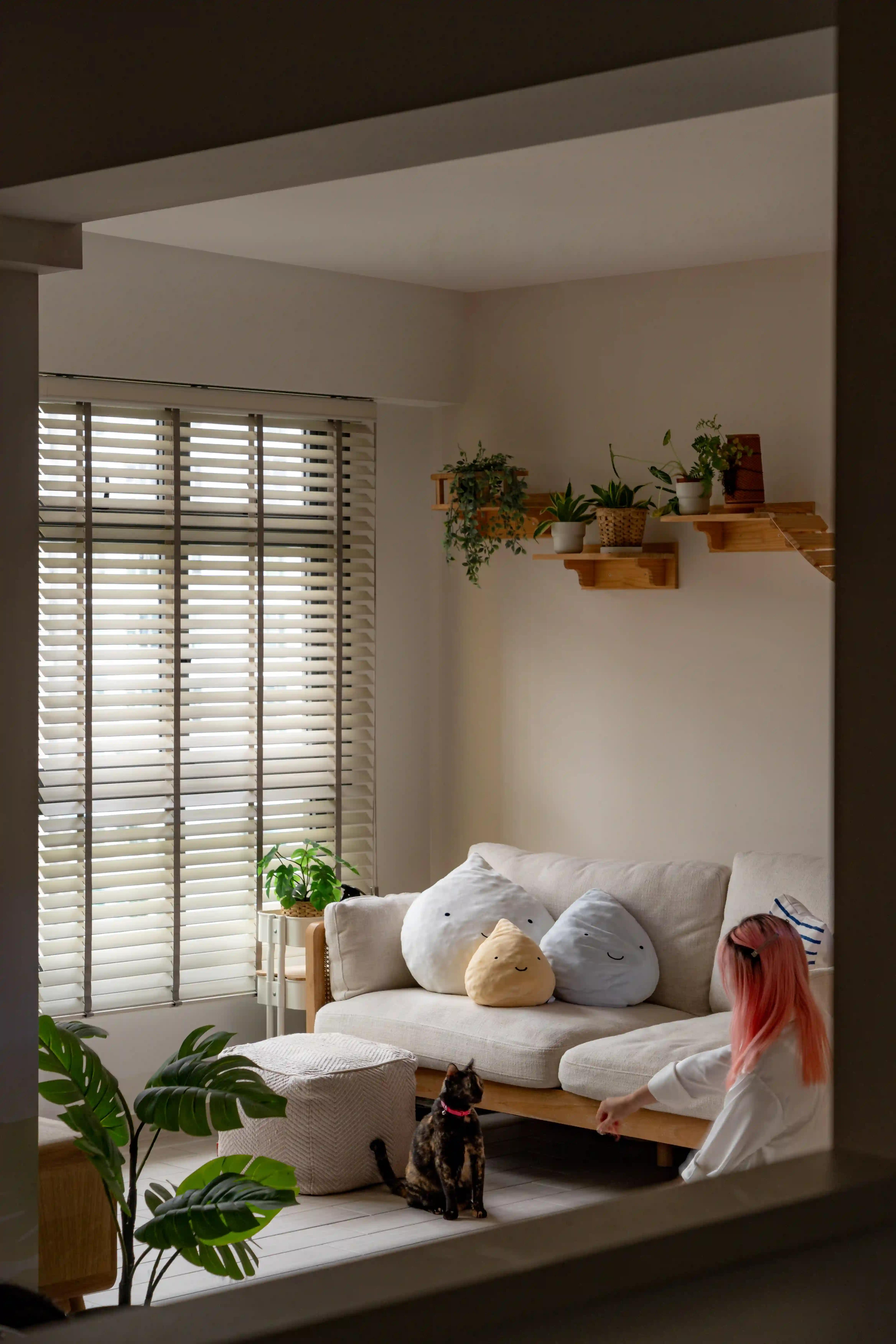 Scandinavian home interior design living room with beige sofa, cloud cushions, wood blinds and plants; cat by ottoman.