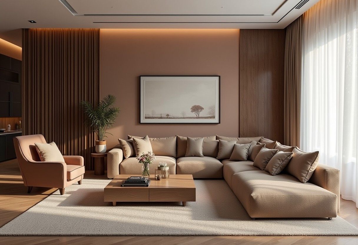 Modern living room with a plush sectional sofa, wooden paneling, and neutral drapery.