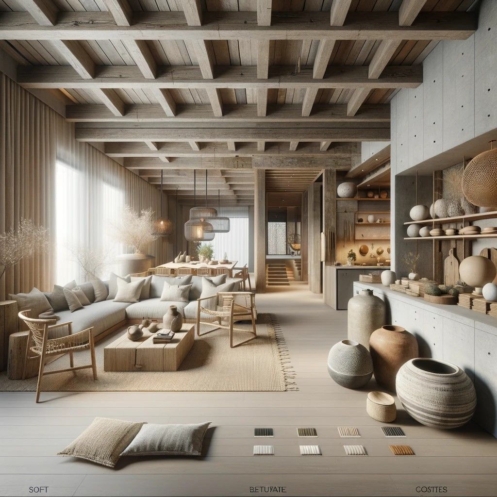 Modern Wabi-Sabi condo interior with natural wood and stone accents