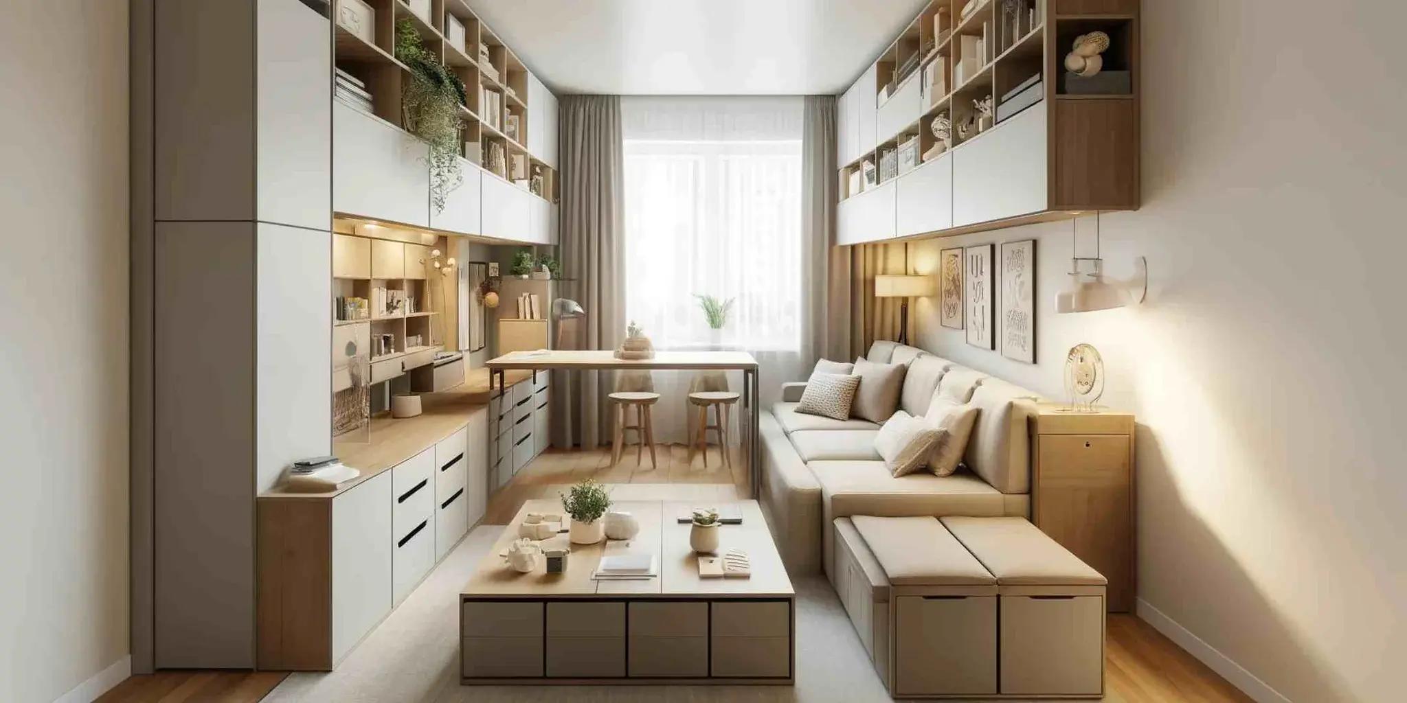 Small living area designed with built-in overhead shelves, neutral colors, and space-saving solutions.