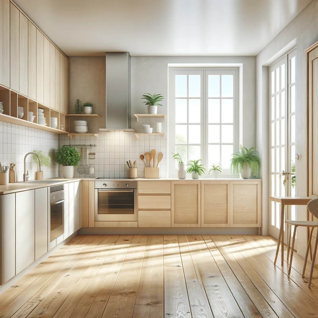 Sleek Scandinavian-style kitchen interior with natural light in a home, featuring wooden flooring, modern appliances, and green plants for a fresh look