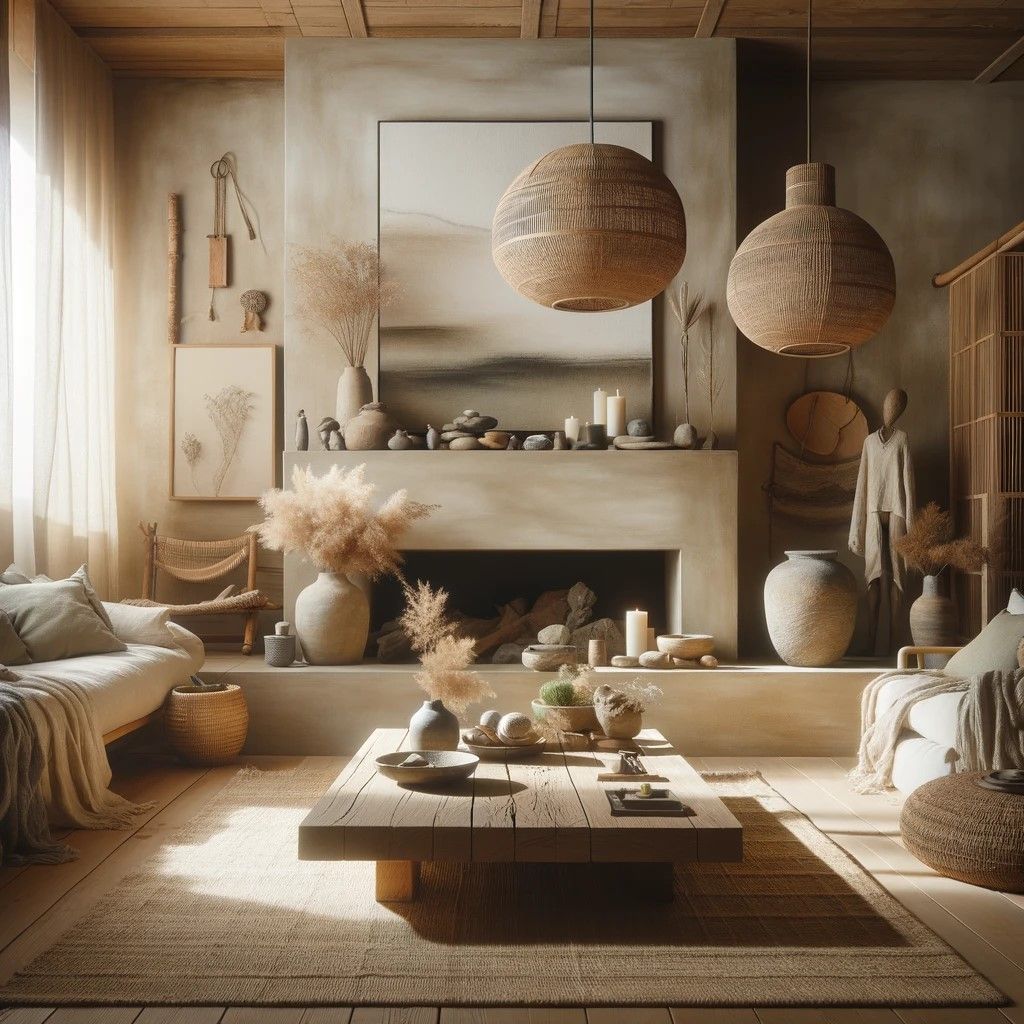 Wabi-Sabi living room design showcasing natural materials and earthy tones