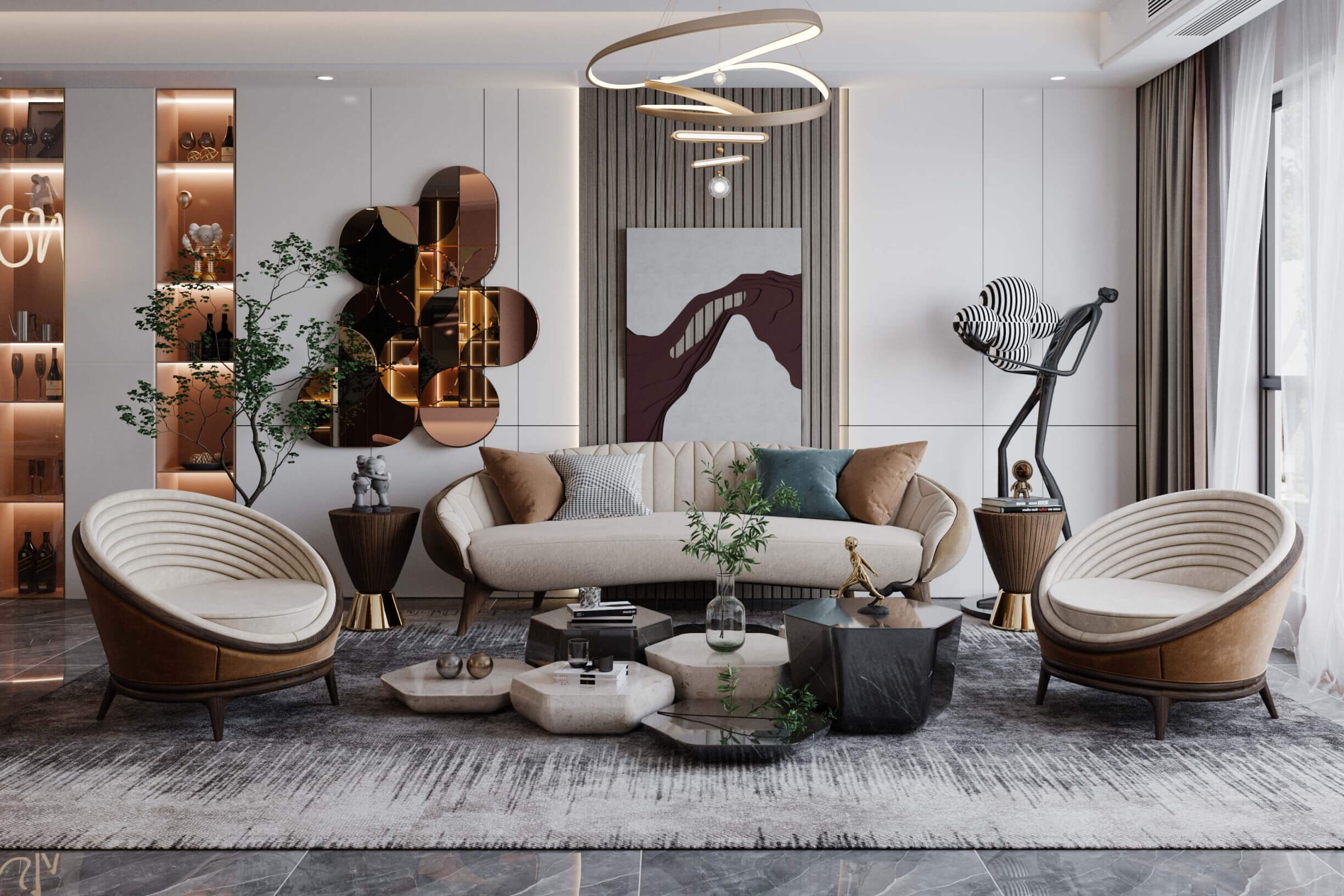 Elegant living room with a feature wall of mirrors and a modern seating arrangement, creating a spacious feel.