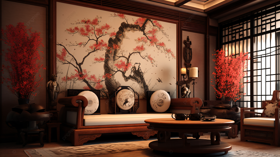 Traditional Chinese living room with plum blossom wall art and wooden furniture.