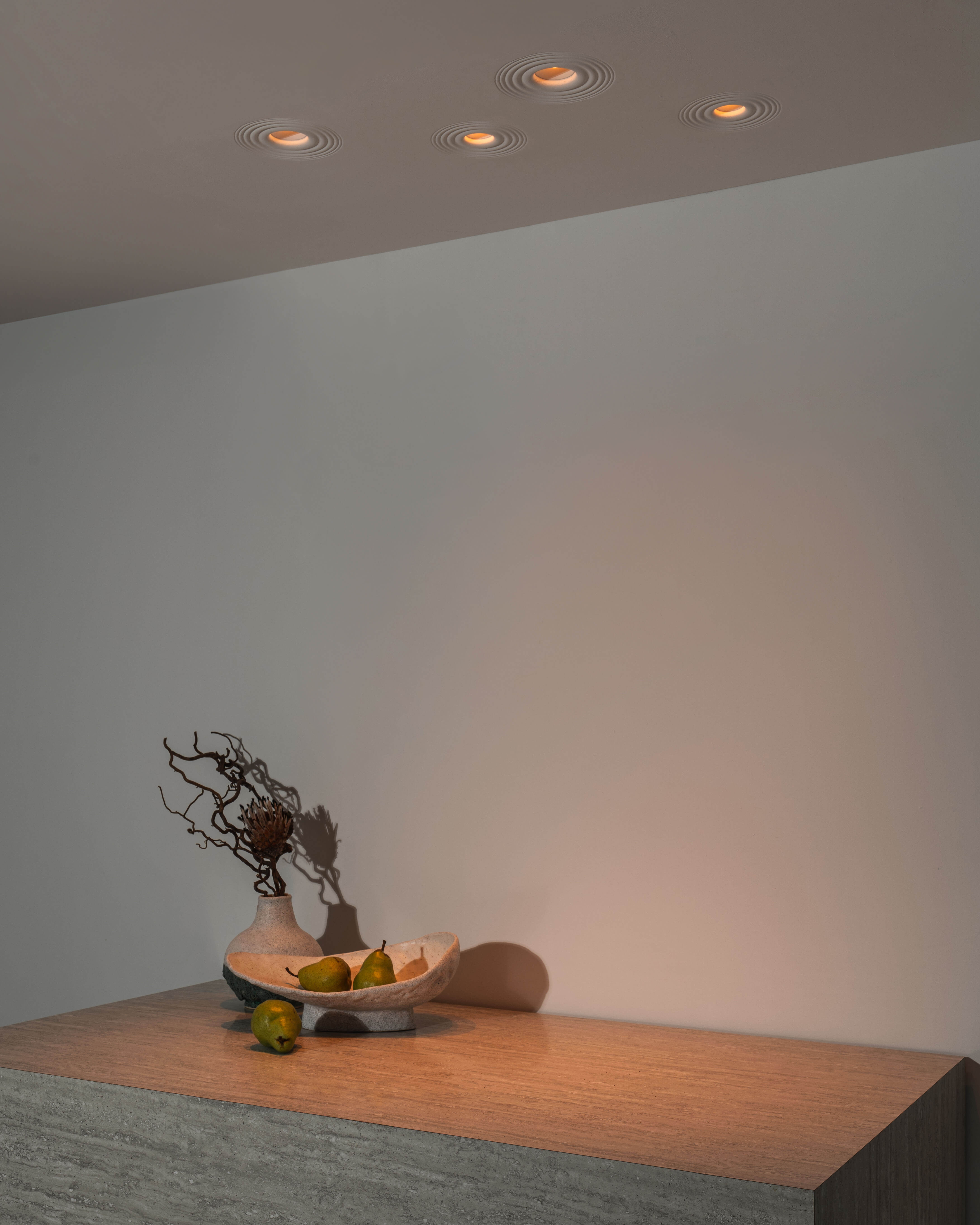 Warm ambient lighting from Sol Luminaire's modern spotlights in a home, highlighting a rustic wooden bowl with decorative branches and fruit, embodying Feng Shui's Fire element