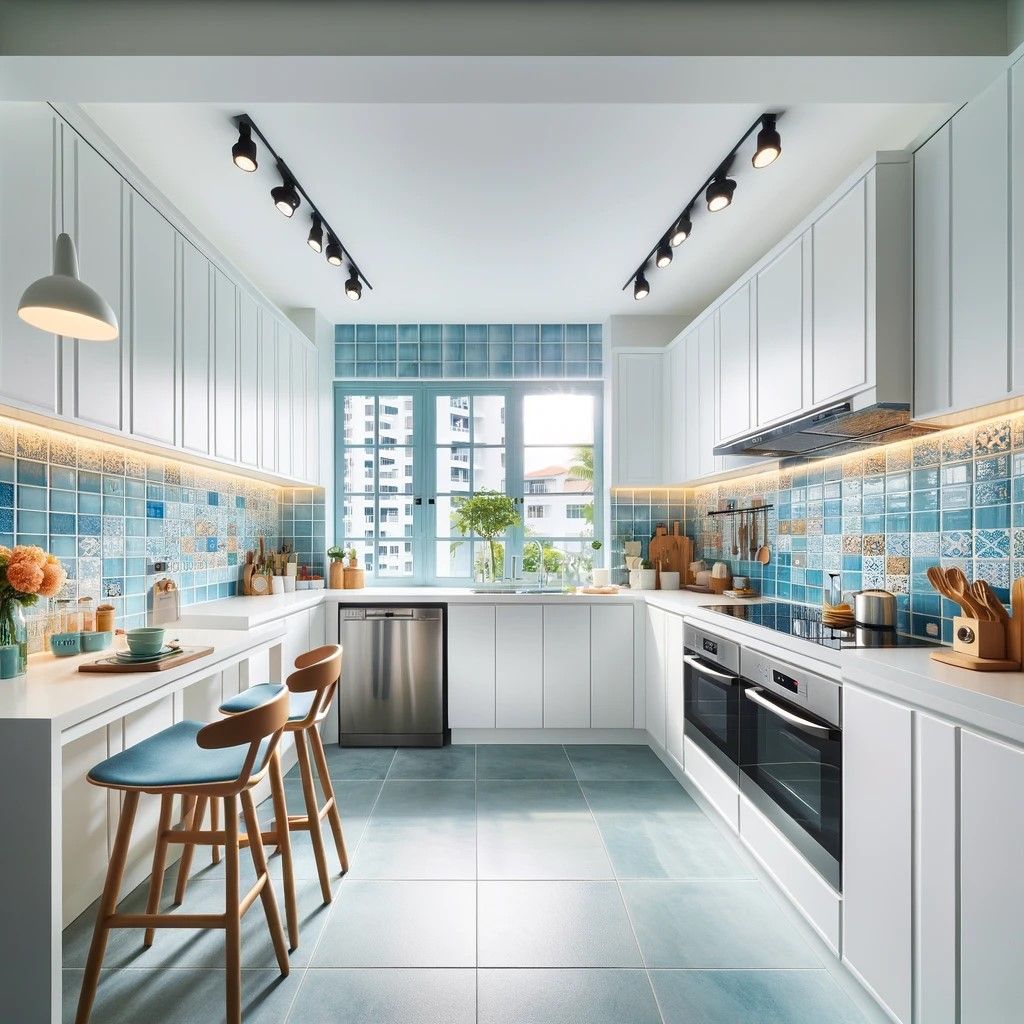 Vibrant blue ceramic tile backsplash in a bright kitchen, enhancing functionality with modern aesthetic appeal.