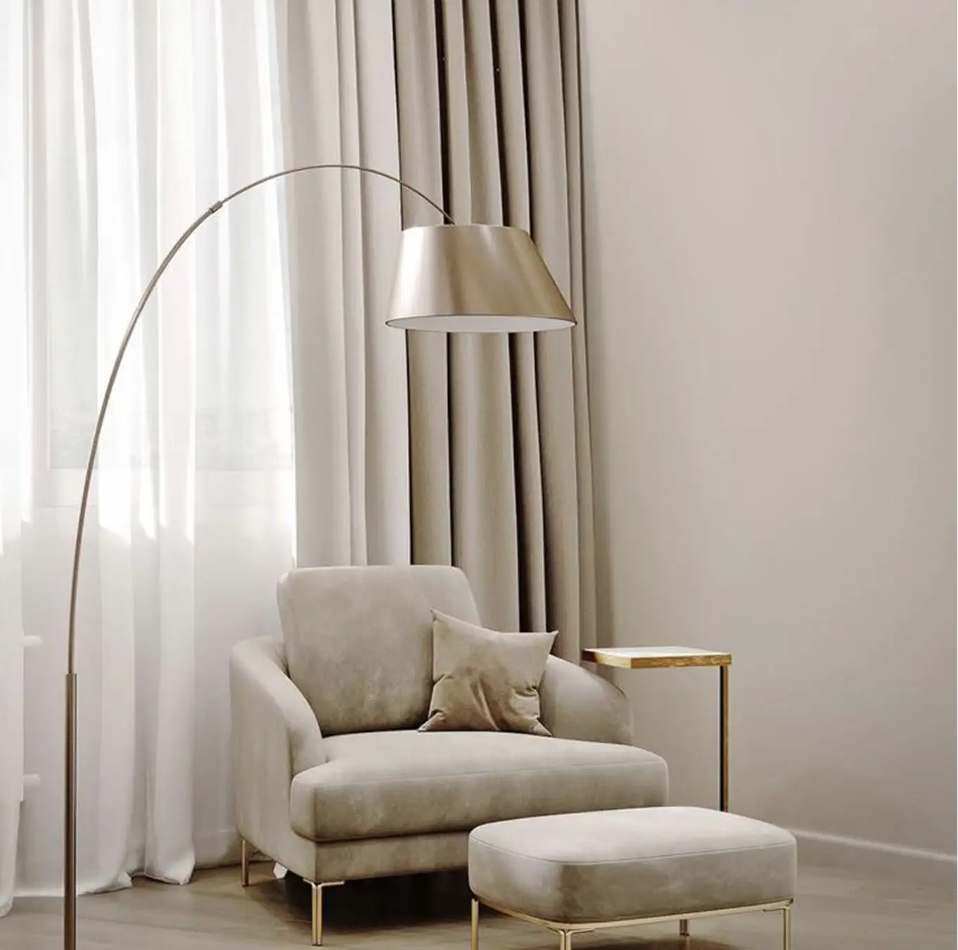 Cozy beige reading nook with plush armchair, ottoman and an arched floor lamp framed by layered curtains.