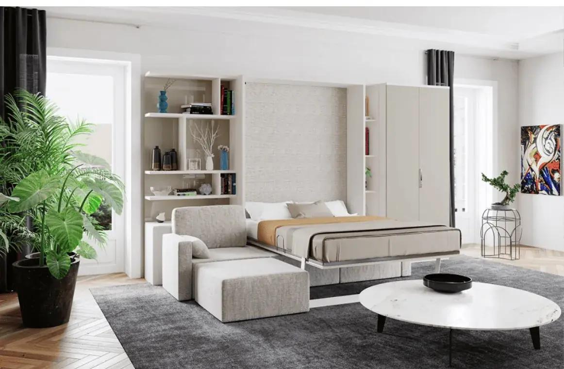 Living room with a lounge sofa that folds out into a guest bed, framed by sleek shelving units.