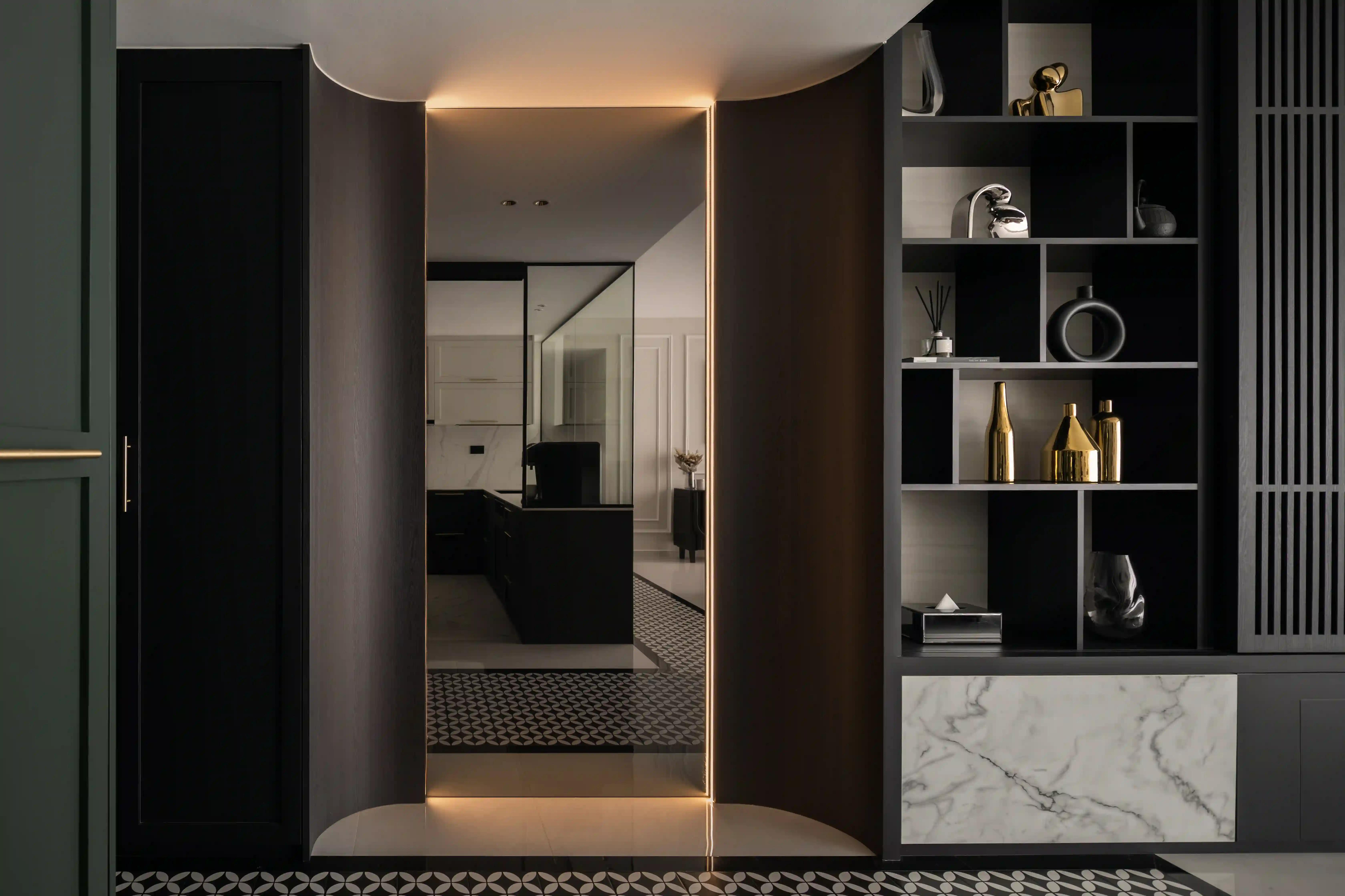 entryway niche with backlit full-length mirror, dark wood and patterned tiles; luxe interior decor singapore