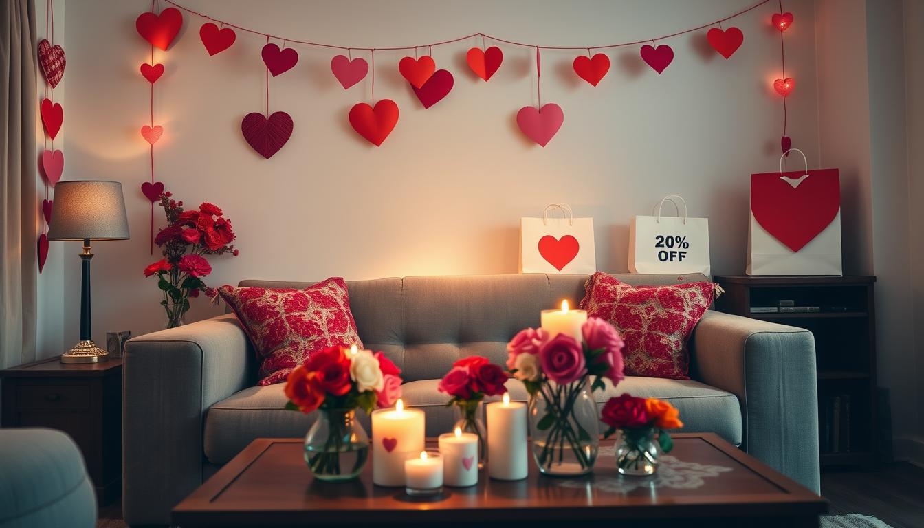 Cozy living room adorned with heart decorations, candles, and gift bags for Valentine’s celebration.