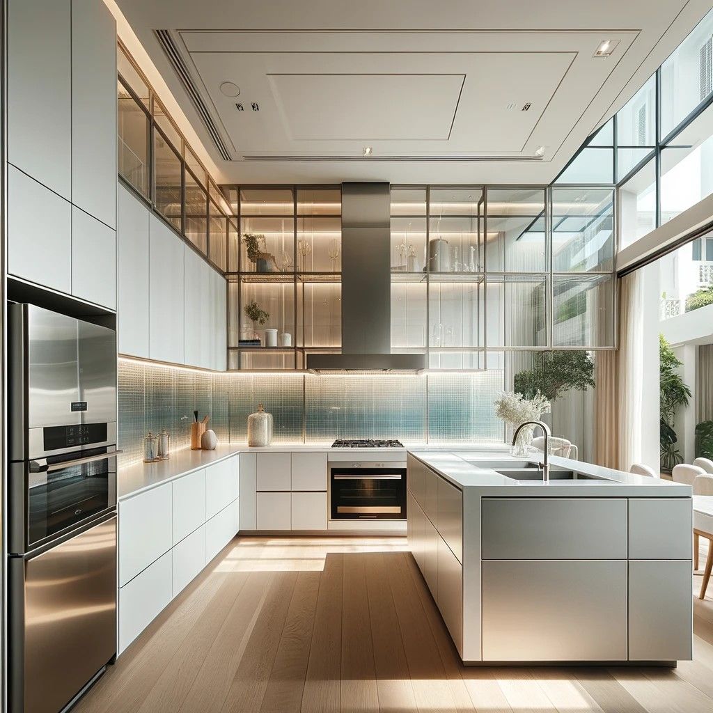 Sleek and modern kitchen design with glass backsplash in a home, highlighting sophistication and contemporary style.