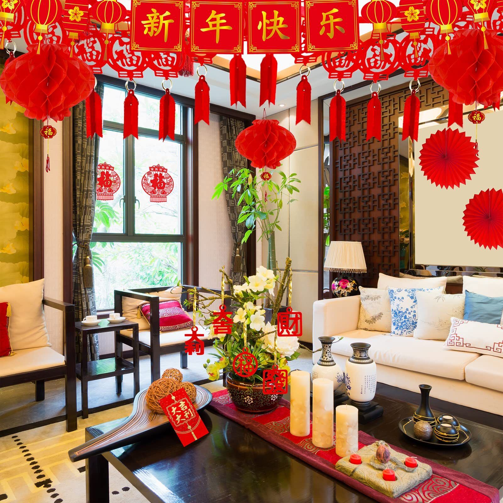 Home interior with hanging red lanterns, paper tassels, and Chinese calligraphy banners for the festive season.