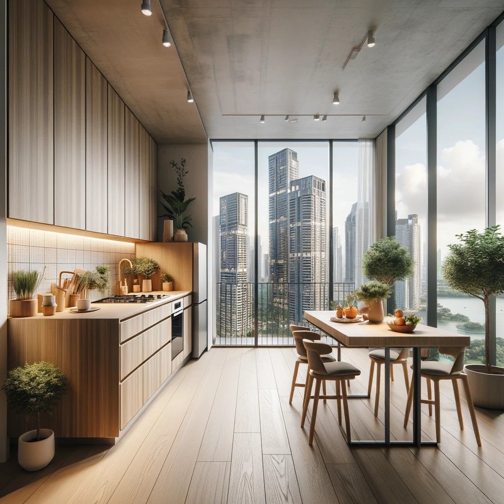 Luxurious Scandinavian kitchen with skyline view in a condo, featuring natural wood and greenery