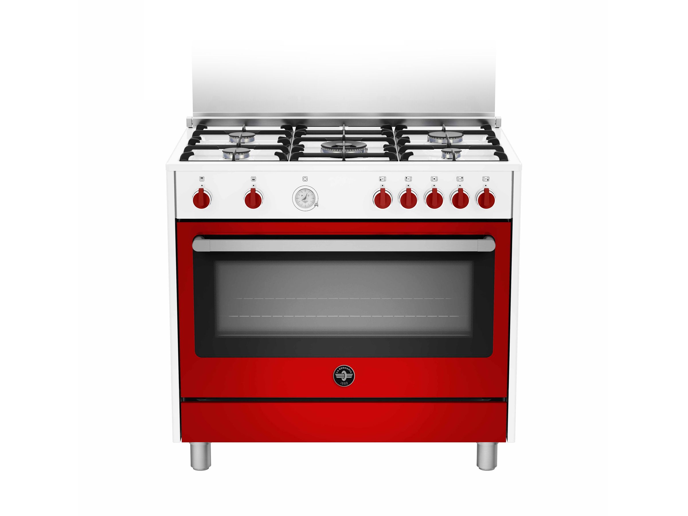 Red La Germania stove with four burners and an electric oven, ideal for festive cooking.