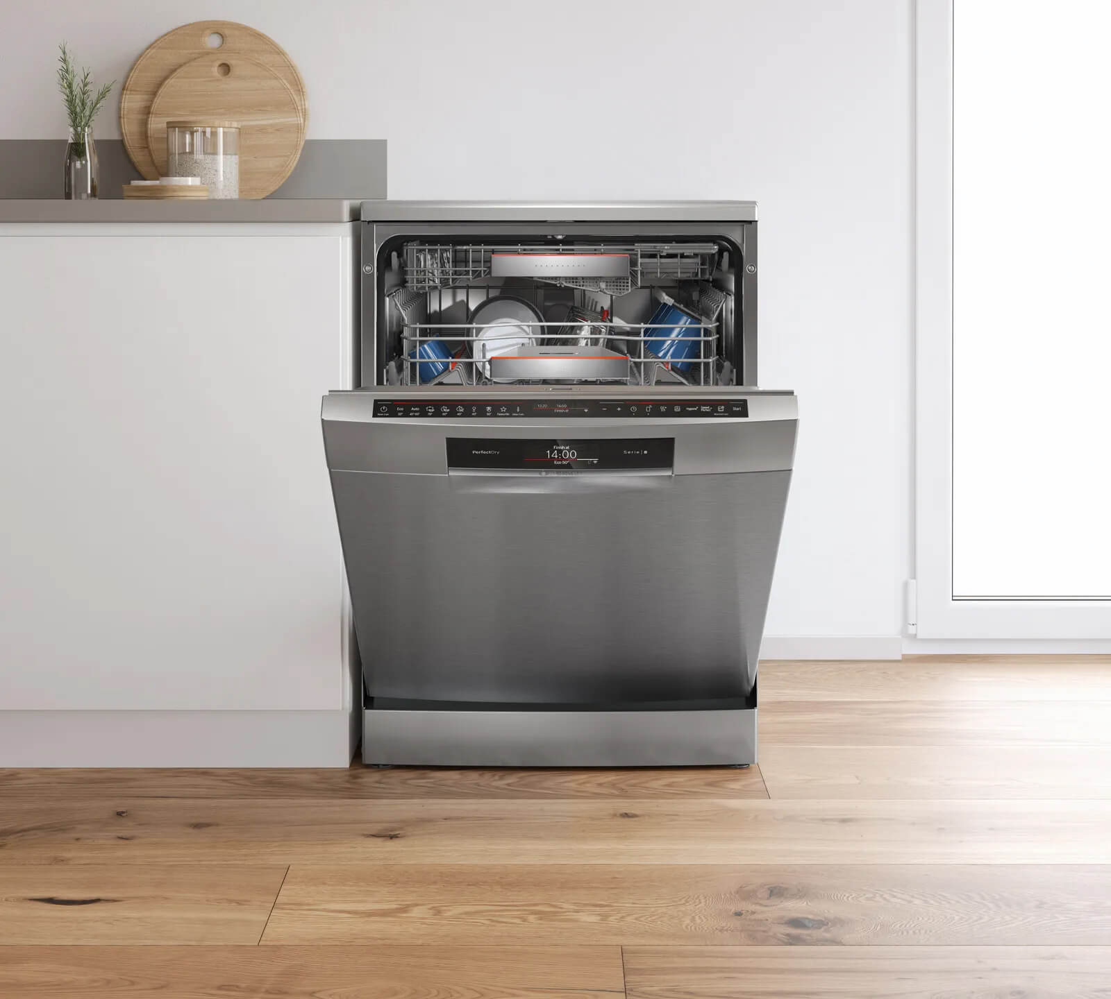 Bosch Series 8 Free-standing dishwasher in a home showcasing smart appliance convenience and elegant design in a modern kitchen setting