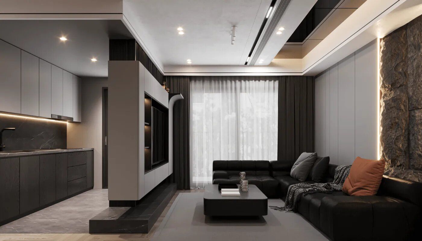 Modern living room with layered smart cove lighting, dark sofa set and textured feature wall