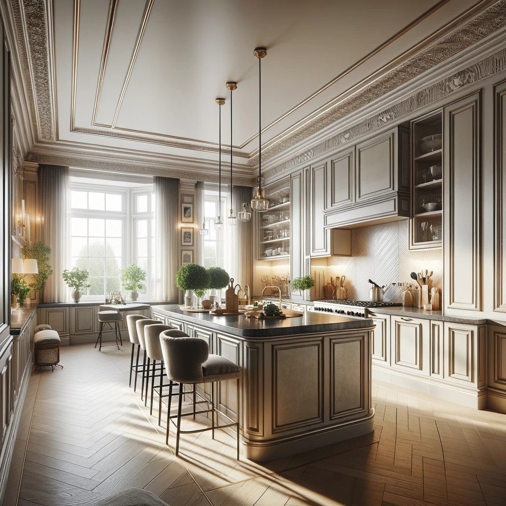 Luxurious kitchen with wainscoting and island in a home.