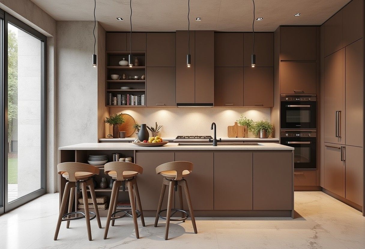 Sleek kitchen cabinets, bar stools, and a bright island counter in a Mocha Mousse color palette.