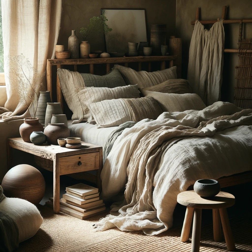 Wabi-Sabi bedroom design in Singapore with natural materials and earthy colors