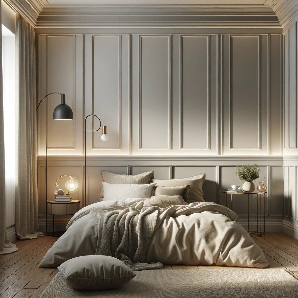 Elegant bedroom with subtle wainscoting in a Singapore home.