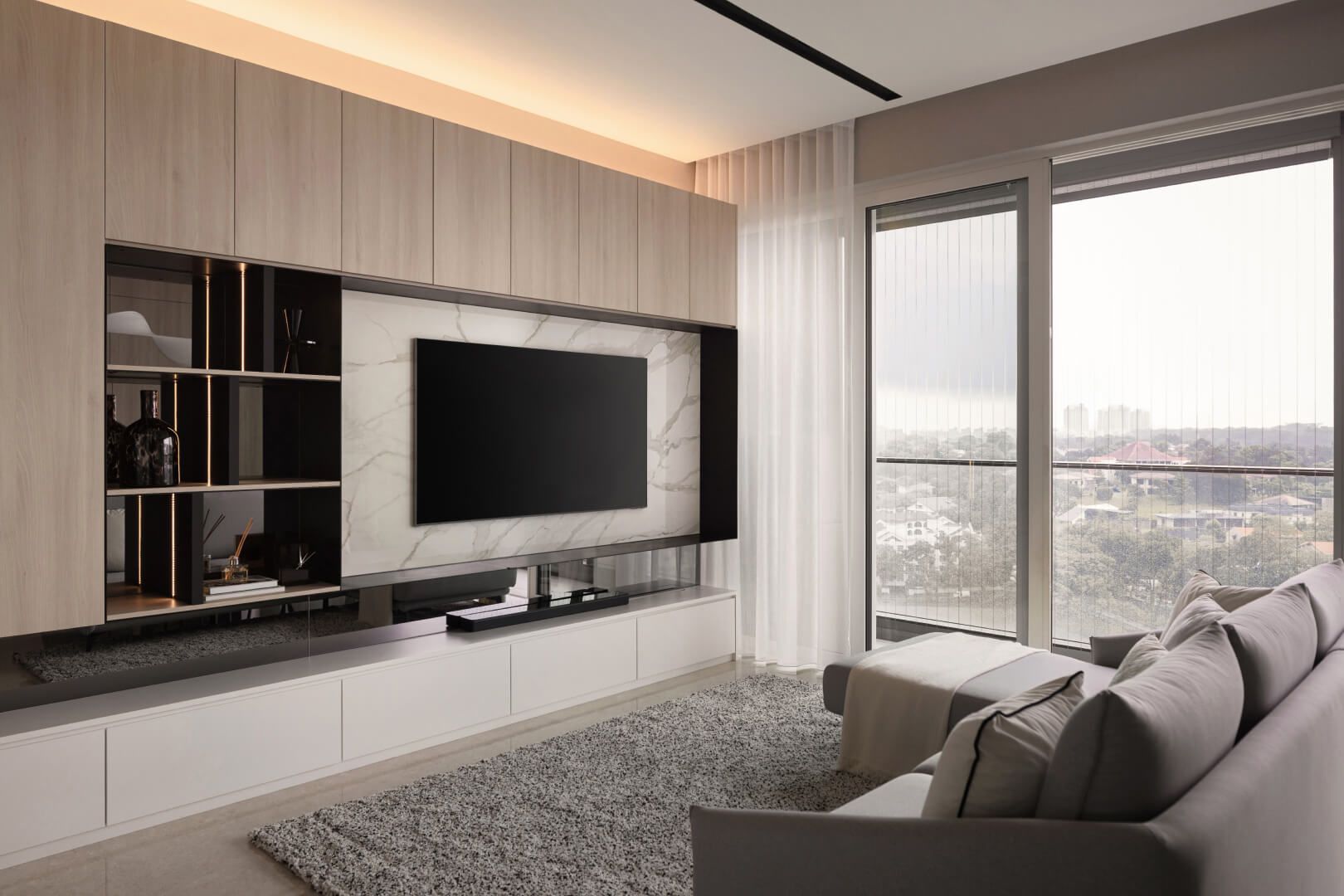 Luxurious living room with marble TV wall, sleek built-in shelves, and full-length windows overlooking a cityscape.