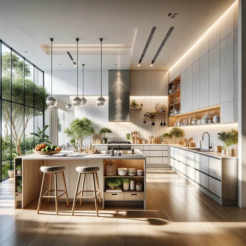 Bright and airy Scandinavian kitchen with island and pendant lights in a residence, featuring floor-to-ceiling windows and lush indoor plants.