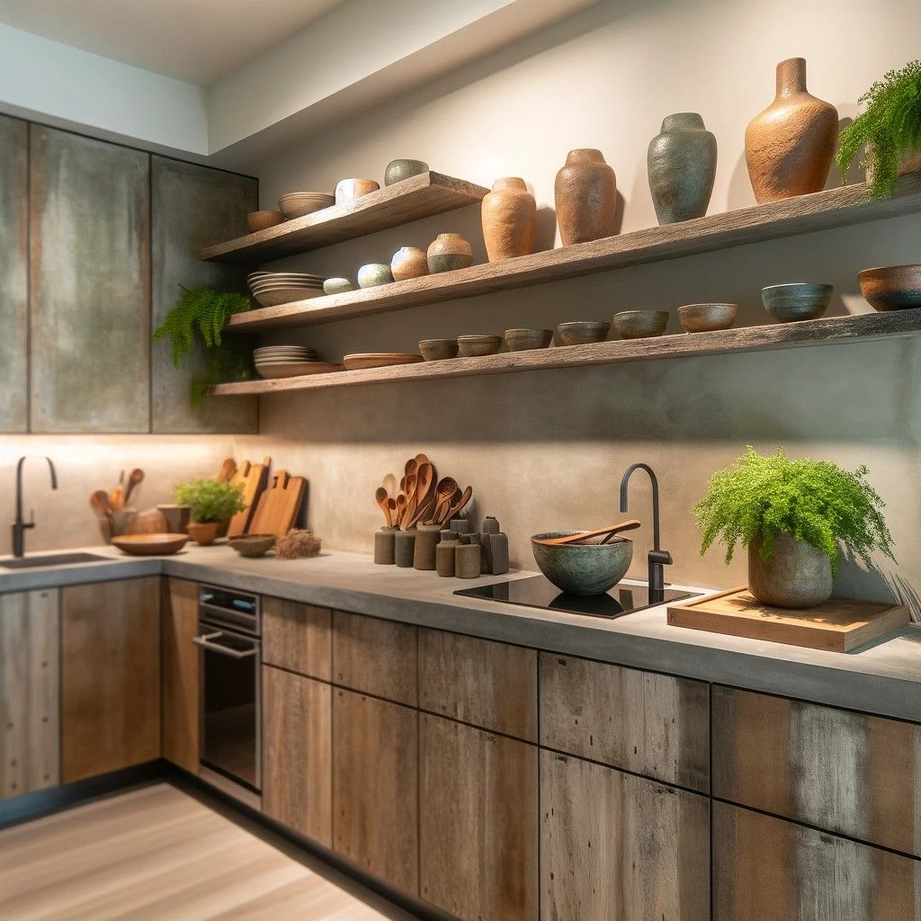Wabi-Sabi inspired condo kitchen with natural wood and soft lighting