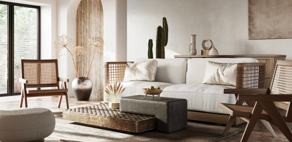 Cozy living room featuring rattan chairs, neutral-toned seating, and a nature-inspired palette.