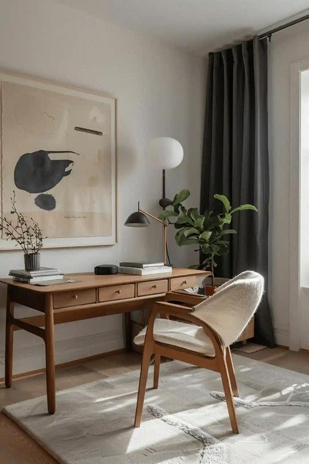 Scandinavian home office with oak writing desk, boucle chair, dark drapes and abstract art lit by soft morning sun.