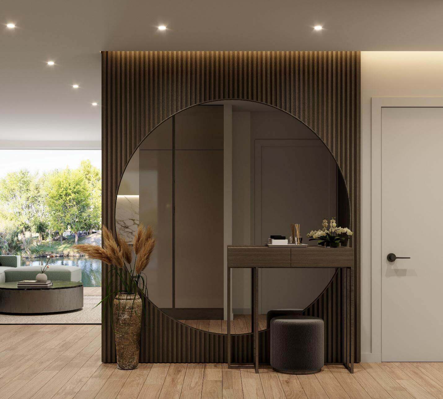 Round mirror decor with wood paneling in a modern entryway featuring a small console table and natural accents.